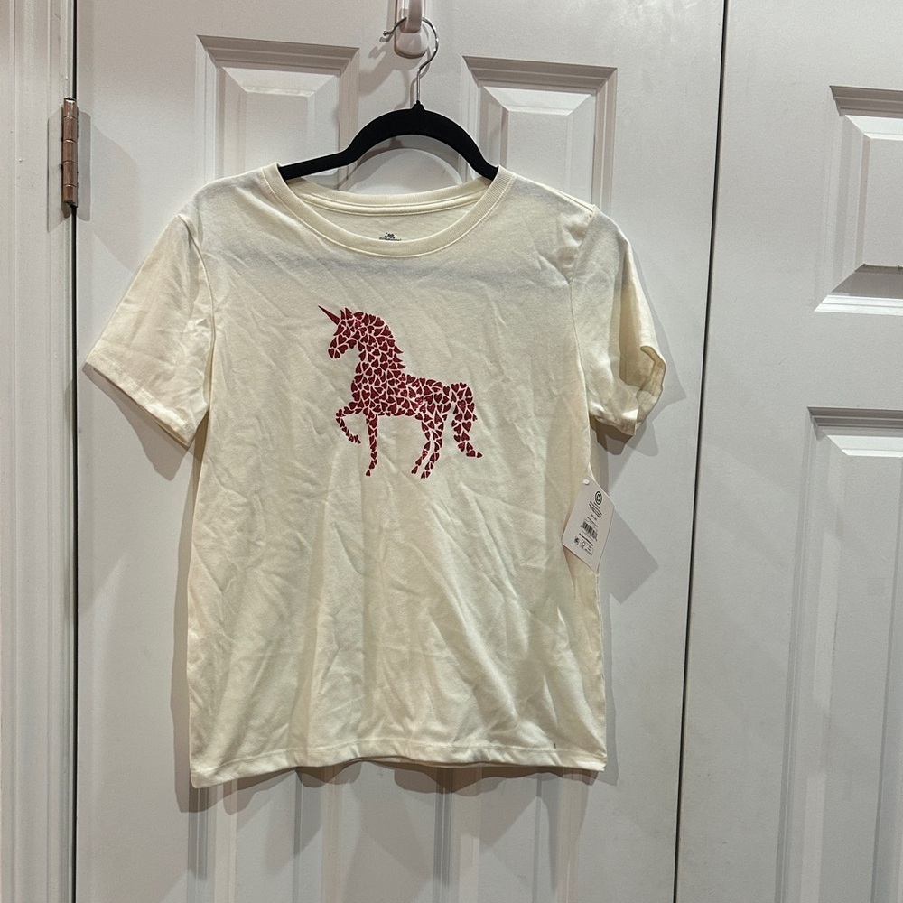 NEW girls Cream Tee with Red Unicorn Graphic size XXL 16